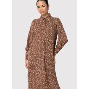 Veiled Dress Brown Maxi Floral Ditsy Button Down Shirtdress M Boho